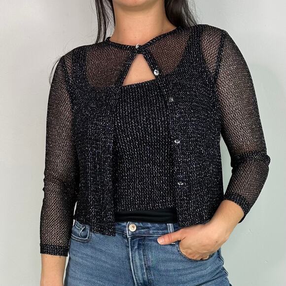 JS Collections Black Metallic & Rhinestone Button Cardigan & Tank Set - Picture 1 of 9